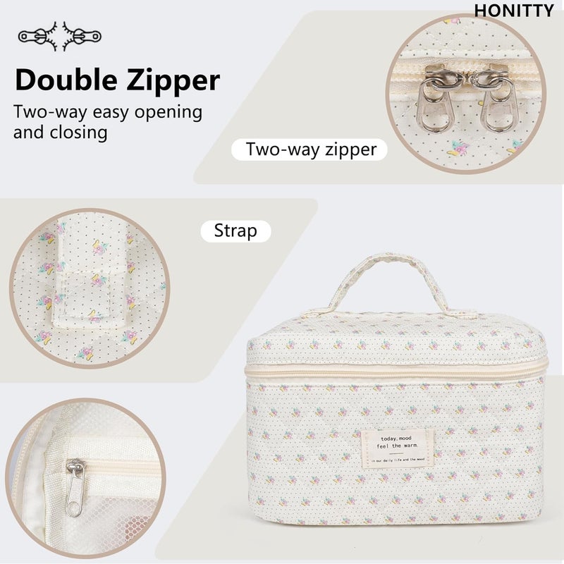 honitty Makeup Bag,Quilted Cosmetic Bags,Large Floral Make Up Organize bag,Makeup Bag Set for Women,Flower Travel Toiletry Bag - Image 4